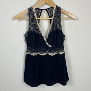 Tahari Sleepwear Lace Babydoll Top‎ Sz XS Festival Whimsigoth Black Beige Peplum